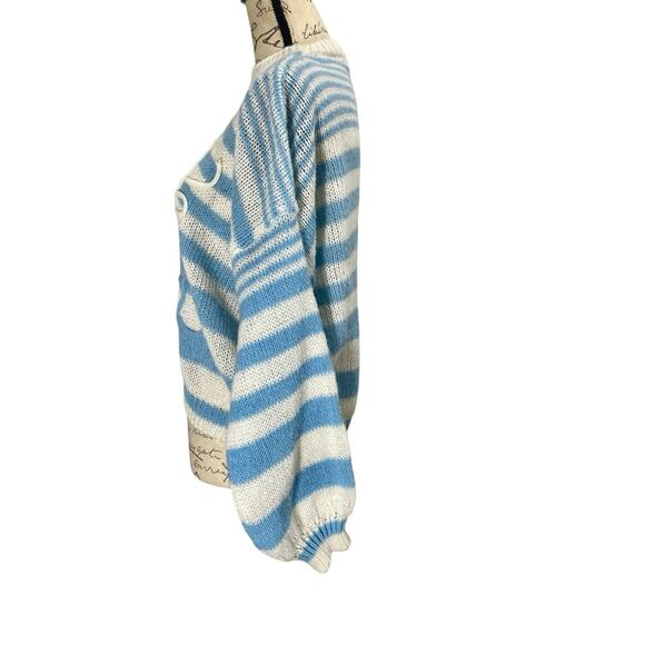 Vintage 1980s Blue & White Striped Handmade Knit Mockneck Sweater Oversized M/L - Picture 6 of 12